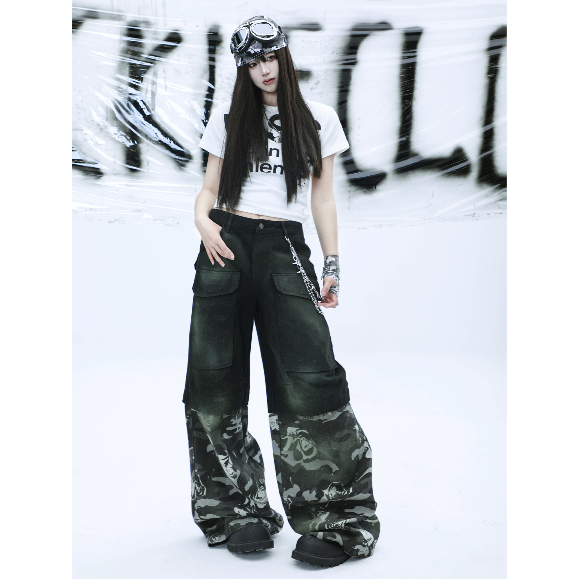 梁拌泡菜美式复古工装迷彩裤高腰阔腿牛仔裤假两件宽松裤子,女装/女士精品,牛仔裤,淘宝优惠券,粉丝福利购,淘宝优惠卷