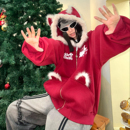 梁拌泡菜美式 复古幽灵猫猫毛绒连帽卫衣外套女设计感慵懒风帽衫