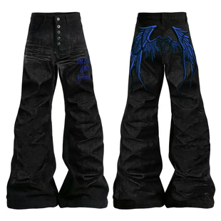 春夏高街情侣微喇裤 绣线做旧堆堆裤 天使刺绣褶皱牛仔裤 梁拌泡菜