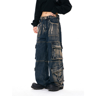梁拌泡菜新款重工美式牛仔裤街头宽松嘻哈工业国朝洗水工装裤子潮