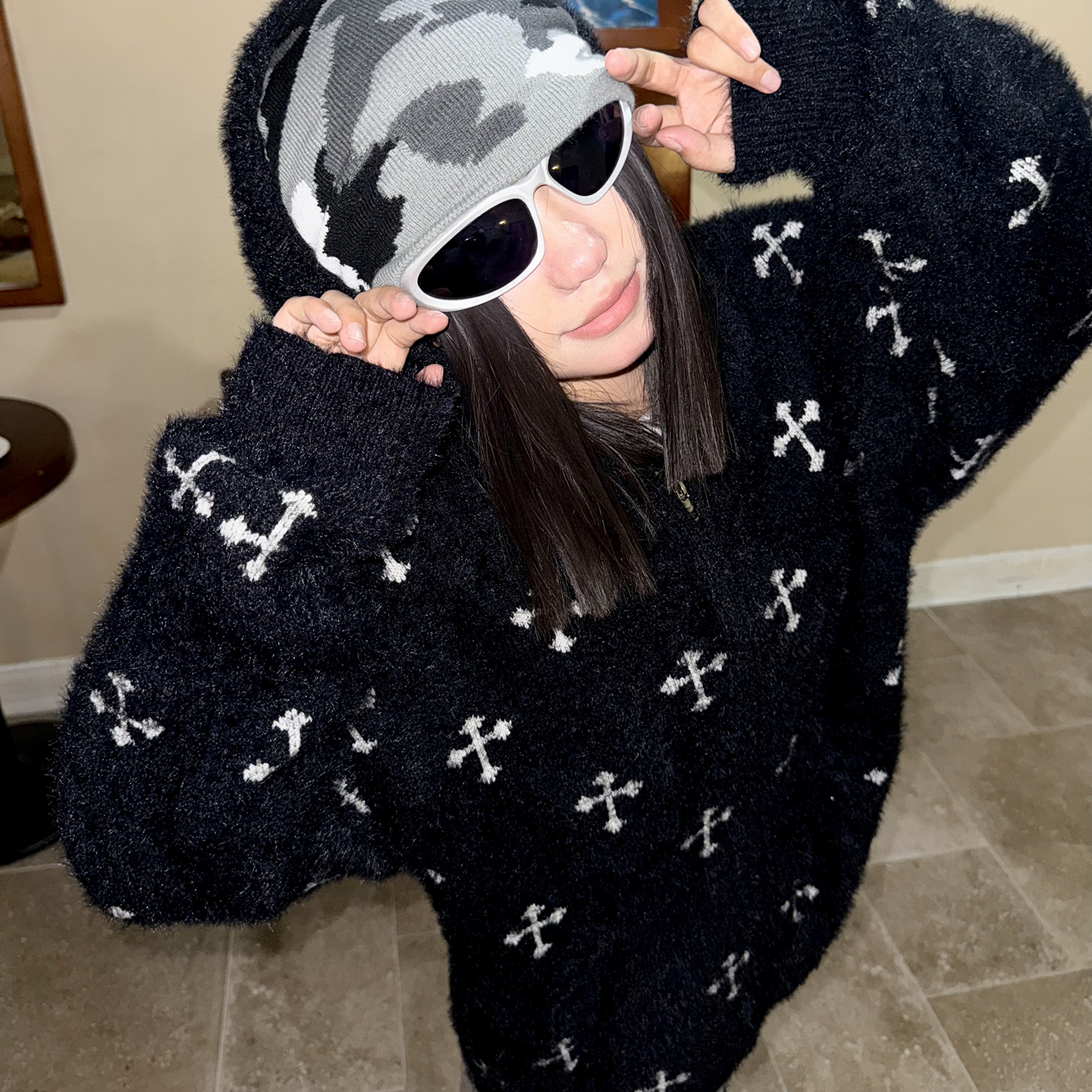 梁拌泡菜美式复古十字架毛衣外套男女秋冬设计感休闲百搭开衫上衣