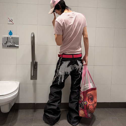 梁拌泡菜 天使刺绣褶皱牛仔裤绣线做旧堆堆裤春夏高街情侣微喇裤