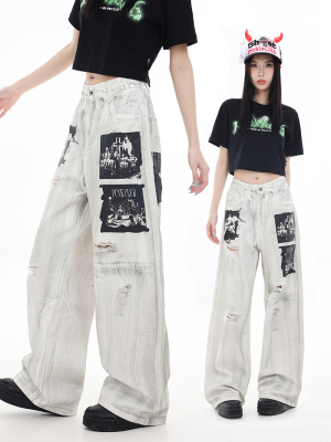 梁拌泡菜美式复古洗水做旧设计感印花破洞牛仔裤男女阔腿弯刀裤