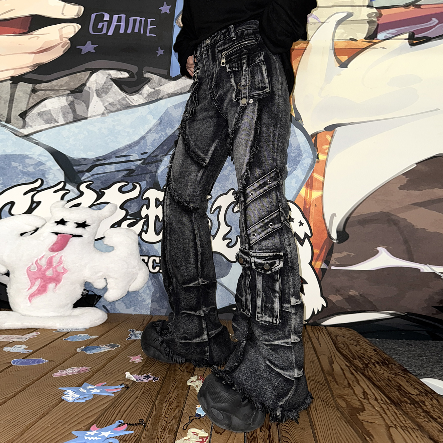 梁拌泡菜美式复古高腰牛仔裤女修身直筒设计感街头风休闲微喇裤