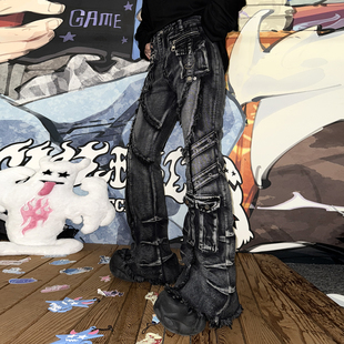 直筒设计感街头风休闲微喇裤 女修身 复古高腰牛仔裤 梁拌泡菜美式