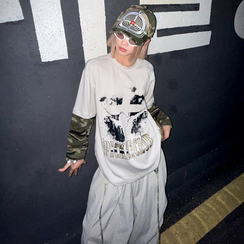 梁拌泡菜LBPC美式复古迷彩假两件长袖T恤休闲百搭街头风圆领上衣