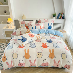 ins卡通儿童牛奶绒床上四件套双面法兰绒加厚被套床单三件套冬季