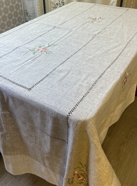 绣花大桌布160x250布艺田园小清新刺绣餐桌长方形棉麻加厚刺绣