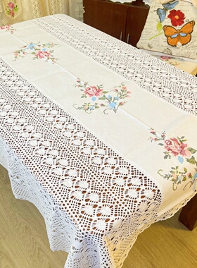 外贸刺绣桌布纯棉钩织牡丹刺绣110x160和130x180和150x200包邮