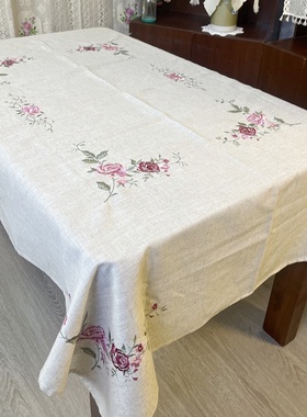 出口原单亚麻刺绣大桌布130x180和150x220布艺餐桌布茶几布绣花