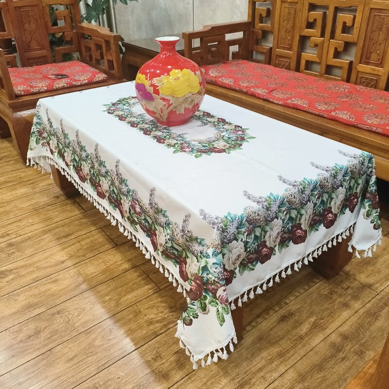 贡缎混纺新型数码印花桌布沙发巾加厚柔软布艺民族风台布法式玫瑰
