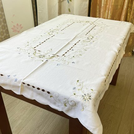 外贸刺绣茶几布孔雀蓝绣花长方形米白竹节布桌布100x150椭圆包邮