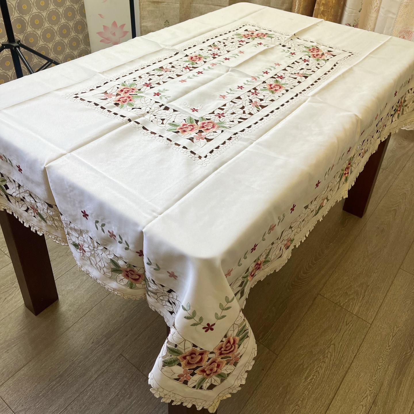 出口老货贡缎刺绣桌布布艺茶几布手工镂空130x180餐桌布茶几布