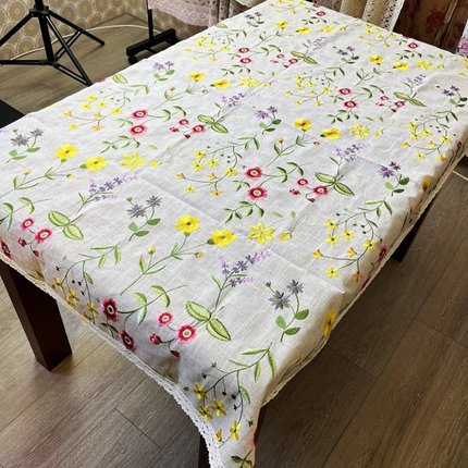出口亚麻刺绣桌布茶几布100x150布艺130x180钩织花边140x220