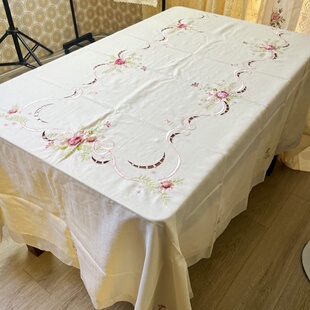 外贸出口竹节布混纺绣花桌布茶几巾170x265刺绣大桌布沙发靠背巾