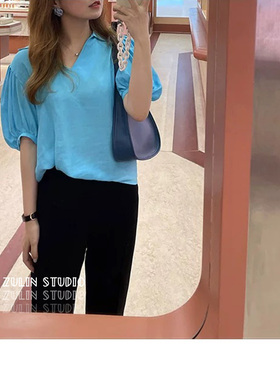 太显白◆陌陌家 夏日饱和冰蓝色POLO衫 微微灯笼袖E10204