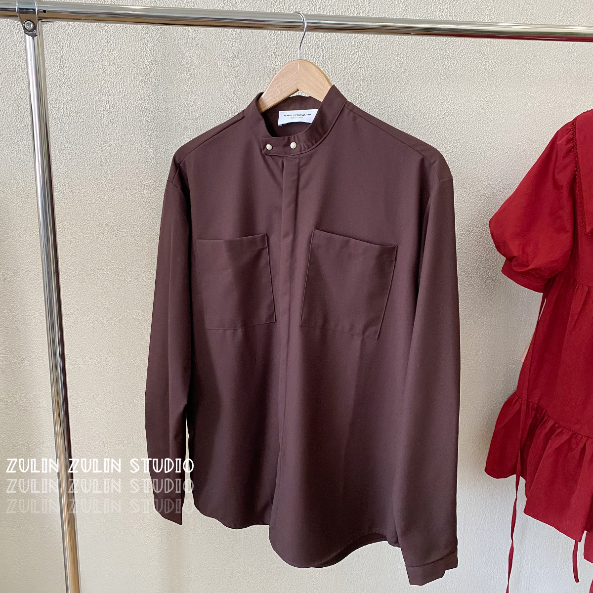 祖琳的魔法口袋◆HK设计师波尔多红长袖衬衫醋酸质感高级上衣