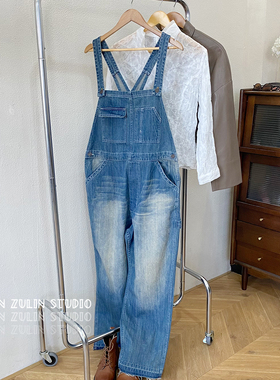 十三行高级牛仔背带裤做旧复古水洗连体裤宽松休闲裤子