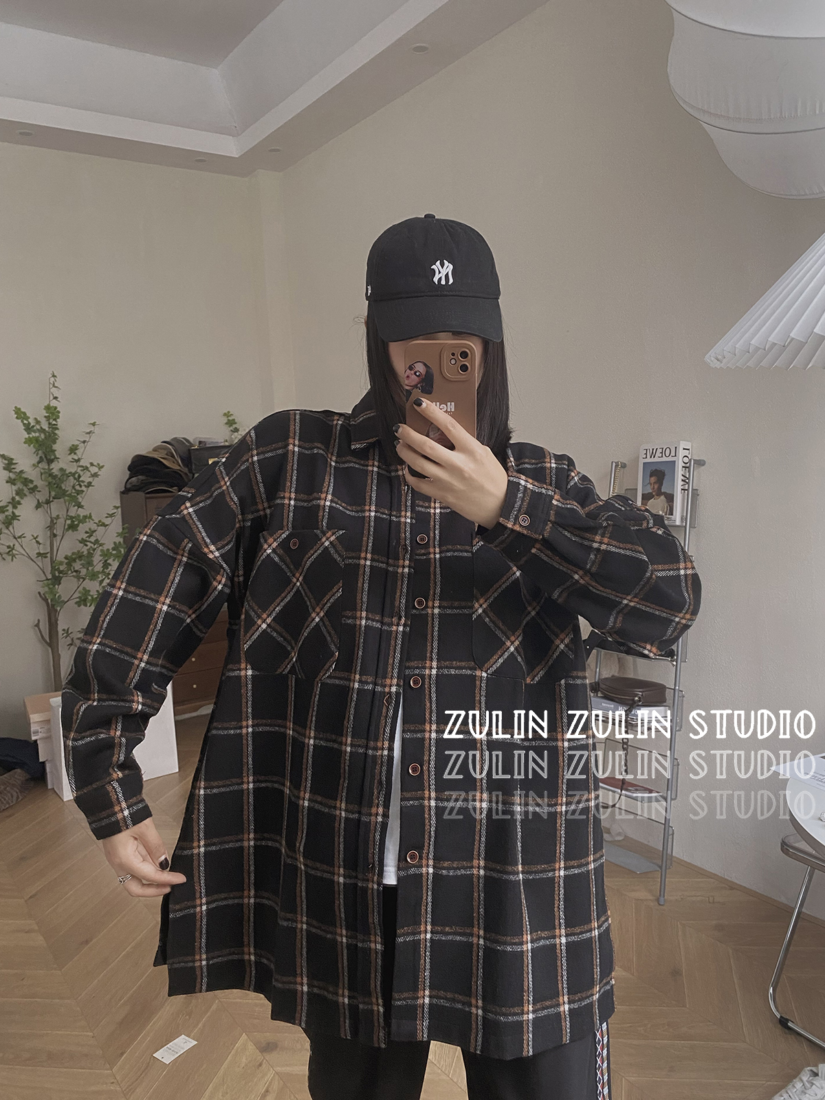 祖琳的魔法口袋◆HK设计师宽松格子衬衫秋冬磨毛长袖开衫G10403