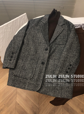 祖琳的魔法口袋◆60羊毛西装走韩单宽松外套经典人字纹西服E10102