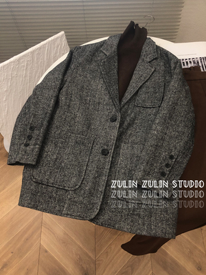 祖琳的魔法口袋◆60羊毛西装走韩单宽松外套经典人字纹西服D10402