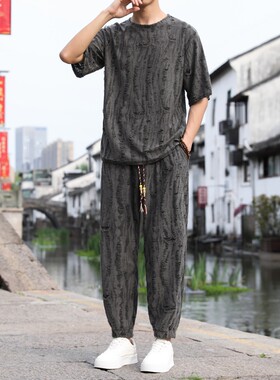 中国风汉服套装男士夏季薄款短袖长裤宽松时尚轻奢t恤破洞两件套