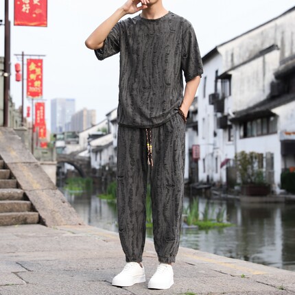 中国风汉服套装男士夏季薄款短袖长裤宽松时尚轻奢t恤破洞两件套