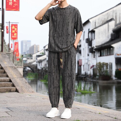 中国风汉服套装男士夏季薄款短袖长裤宽松时尚轻奢t恤破洞两件套
