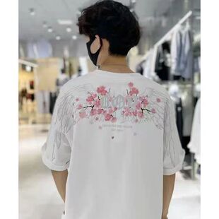 百搭全棉情侣短袖 夏季 休闲宽松时尚 潮牌boy烫金樱花男女同款 新款