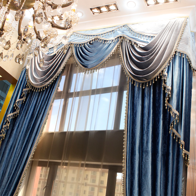 复式楼客厅窗帘布纱两层大气简欧式净素色绒布料遮光定制测量安装