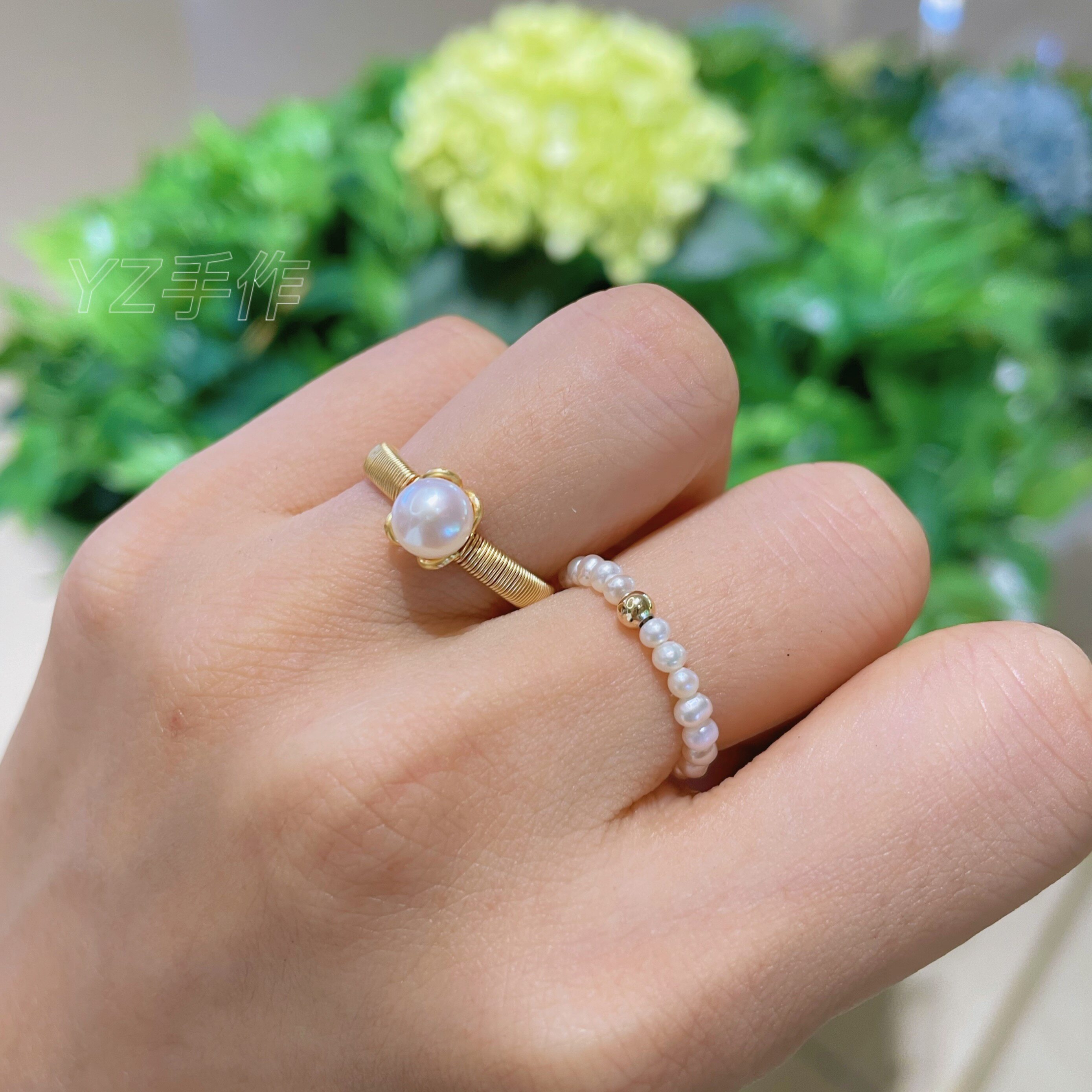 法式温柔叠戴天然迷你小淡水珍珠戒指弹力松紧串珠戒指简约百搭