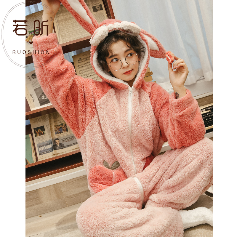 珊瑚绒睡衣女春秋冬季连体卡通动漫可爱甜美学生加厚法兰绒家居服