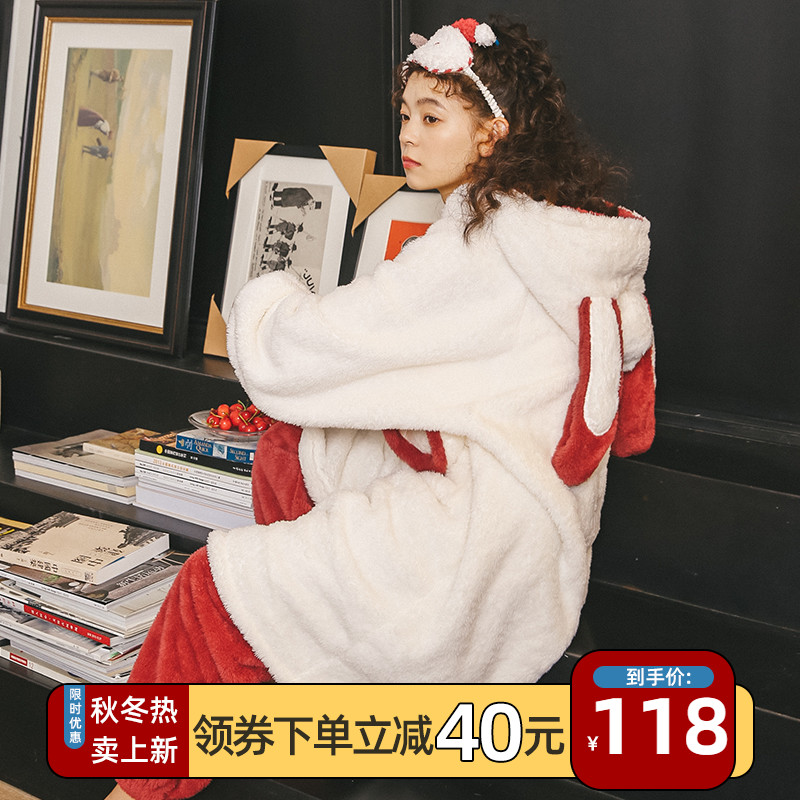 睡衣女春秋冬季甜美珊瑚绒卡通宽松可爱加厚法兰绒套装学生家居服