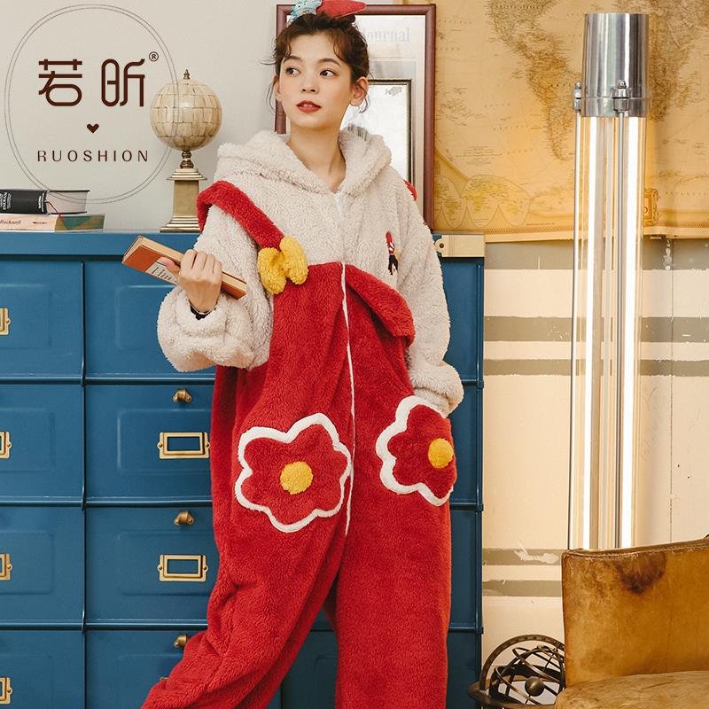 珊瑚绒睡衣女春秋冬季连体卡通动漫可爱甜美学生加厚法兰绒家居服