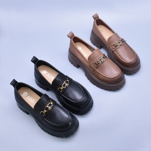 微瑕头层牛皮乐福鞋里外全皮粗跟韩版显瘦一脚蹬圆头厚底单鞋包邮