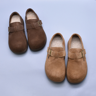 冬季百搭牛皮勃肯鞋真皮舒适休闲包头短绒防滑橡胶软底女鞋羊毛垫