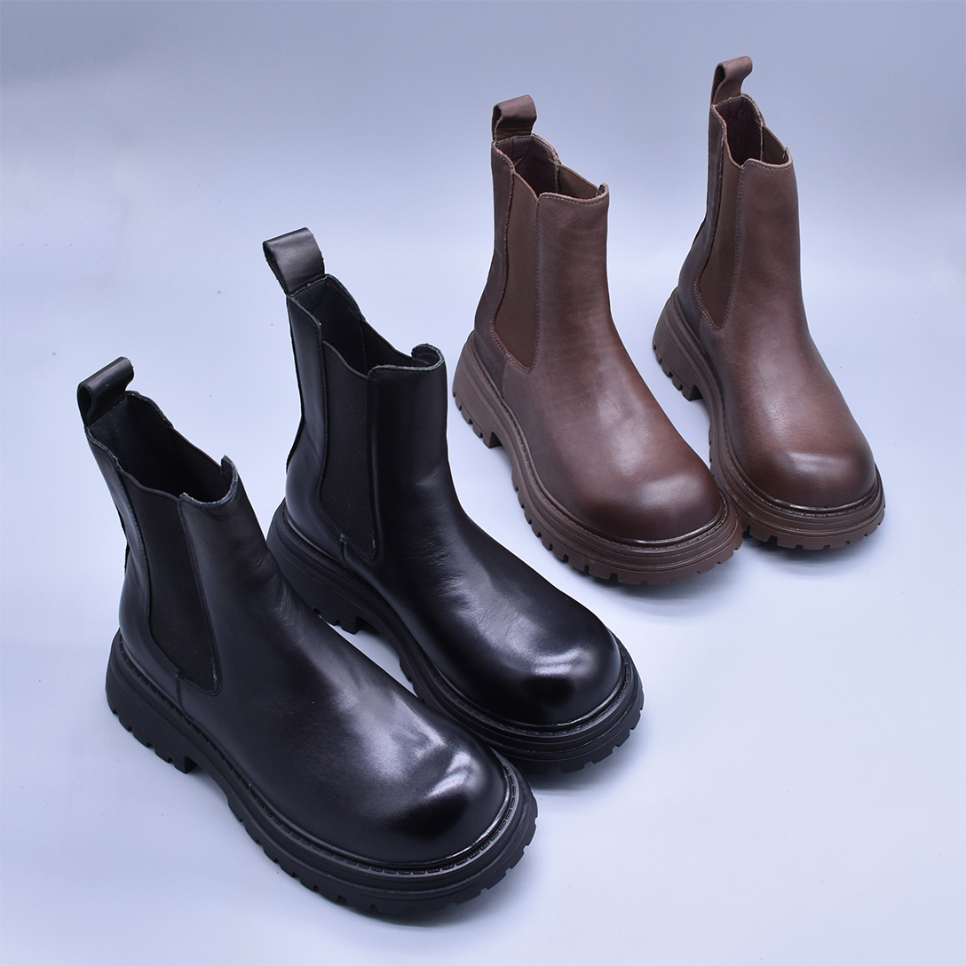 秋季轻便百搭显瘦真皮厚底切尔西靴女英伦气质水洗头层牛皮烟筒靴