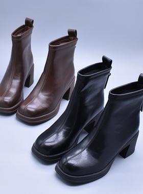 整单好货新款显瘦百搭瘦瘦靴简约后拉链加绒方头软底休闲短筒女靴