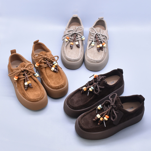 头层牛皮复古串珠袋鼠小面包勃肯鞋百搭运动软底舒适厚底女鞋单鞋
