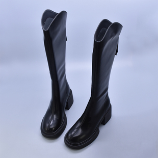 粗跟显腿直V口后拉链加绒高筒靴修脚显瘦及膝骑士靴圆头女靴软底