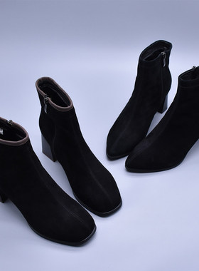 微瑕清~羊皮黑色软底百搭短靴瘦瘦靴加绒真皮软面高跟裸靴包邮