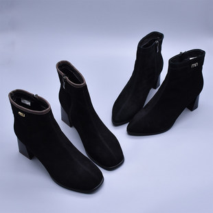 微瑕清~羊皮黑色软底百搭短靴瘦瘦靴加绒真皮软面高跟裸靴包邮