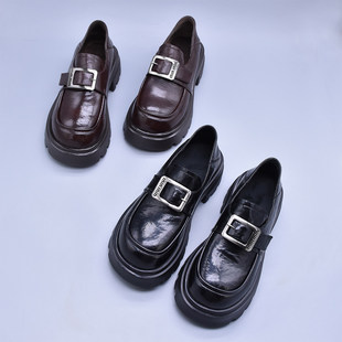 冬季新款百搭方扣厚底乐福鞋女复古英伦风皮鞋软底加绒单鞋工鞋潮