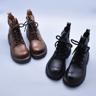 微瑕头层牛皮软底好穿经典百搭马丁靴增高厚底真皮休闲圆头女短靴