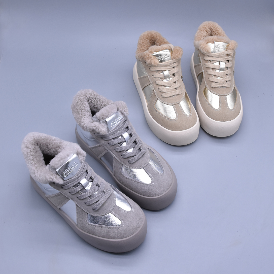 实体好货~2024冬新款休闲棉鞋女通勤牛皮运动厚底毛毛鞋保暖棉靴