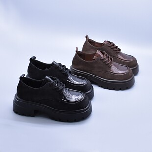 包邮 厚底粗跟休闲百搭牛皮大头休闲女单鞋 潮 复古拼接单鞋 微瑕新款