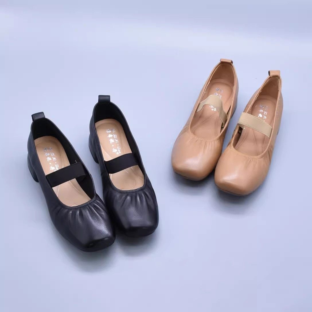 微瑕羊皮圆头微褶芭蕾鞋低跟复古女单鞋软底玛丽珍鞋真皮奶奶鞋潮
