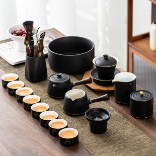 黑陶内白功夫茶具盖碗茶壶套装侧把壶描金山茶杯陶瓷家用客厅办公