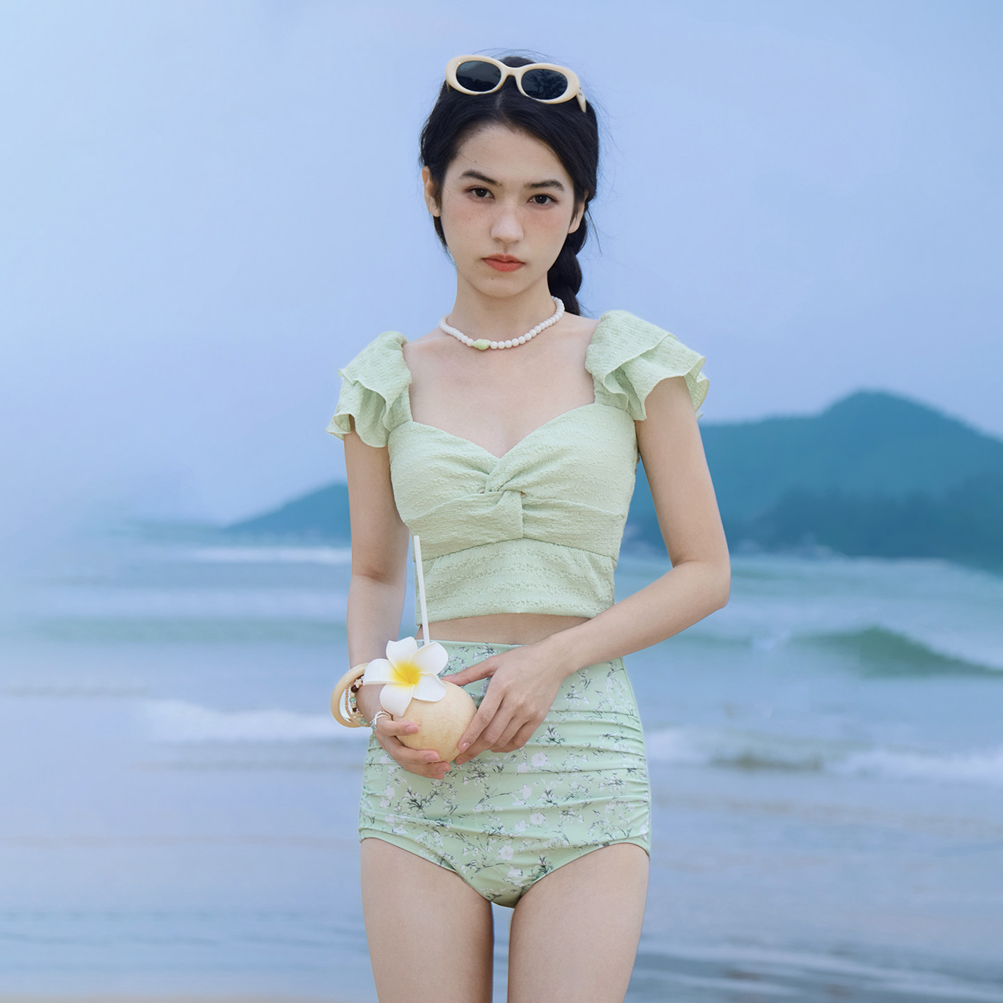 长绒棉夏日甜美带胸垫分体泳衣
