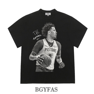 夏季新款美式坎宁安印花短袖T恤男纯棉重磅宽松复古半袖篮球上衣